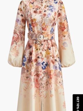 Commense Floral Watercolor Long Sleeve Midi Dress in Blush and Multi